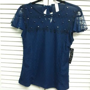 Miguelito Navy Lace & Beaded fan sleeve Top Small